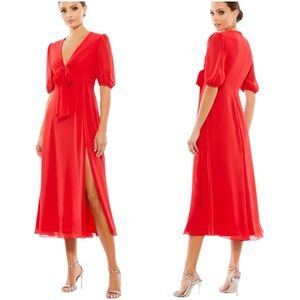 Ieena for Mac Duggal Red Chiffon Midi Dress V-Neck Tie Front Size 8